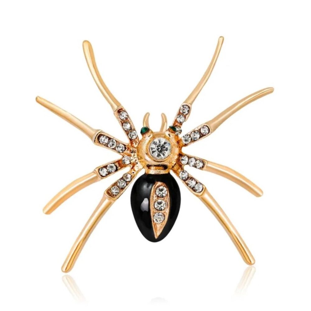 Brooch Spider Enamel & Clear Crystal Rhinestones Gold Tone